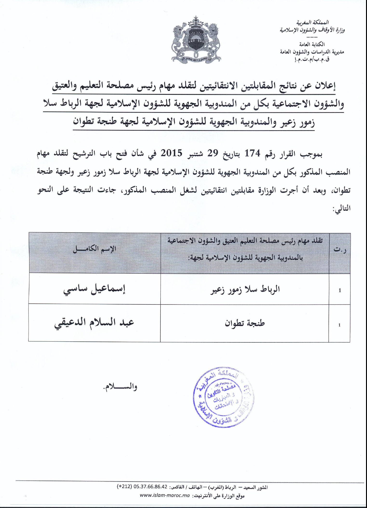   نتيجة المقابلتين الانتقائيتين لتقلد مهام رئيس مصلحة التعليم العتيق والشؤون الإجتماعية بالمندوبيتين الجهويتين للشؤون الإسلامية الرباط سلا زمور زعير وطنجة تطوان